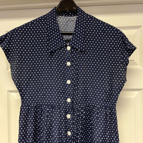 Vintage Navy Polka Dot Cap Sleeve Button Down Dress sz L - Picture 4 of 4